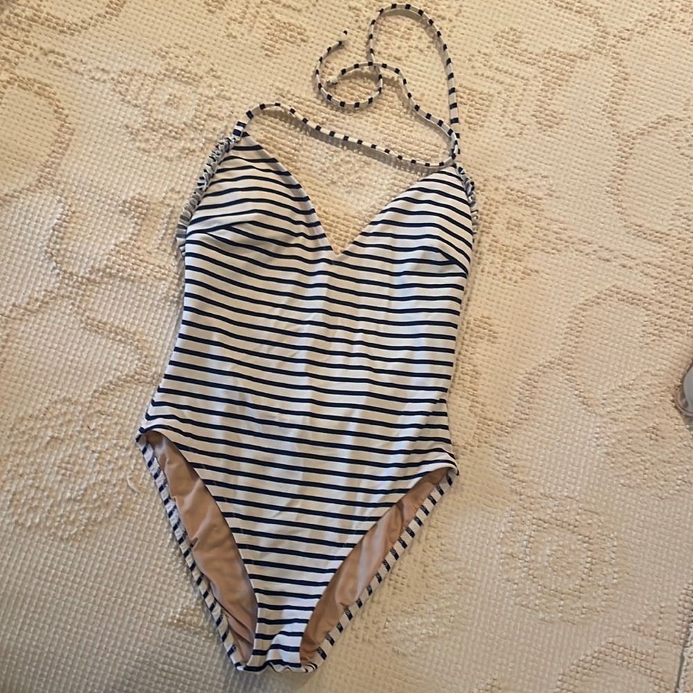 J Crew striped one piece swimsuit low back with ruffle deep V neck
